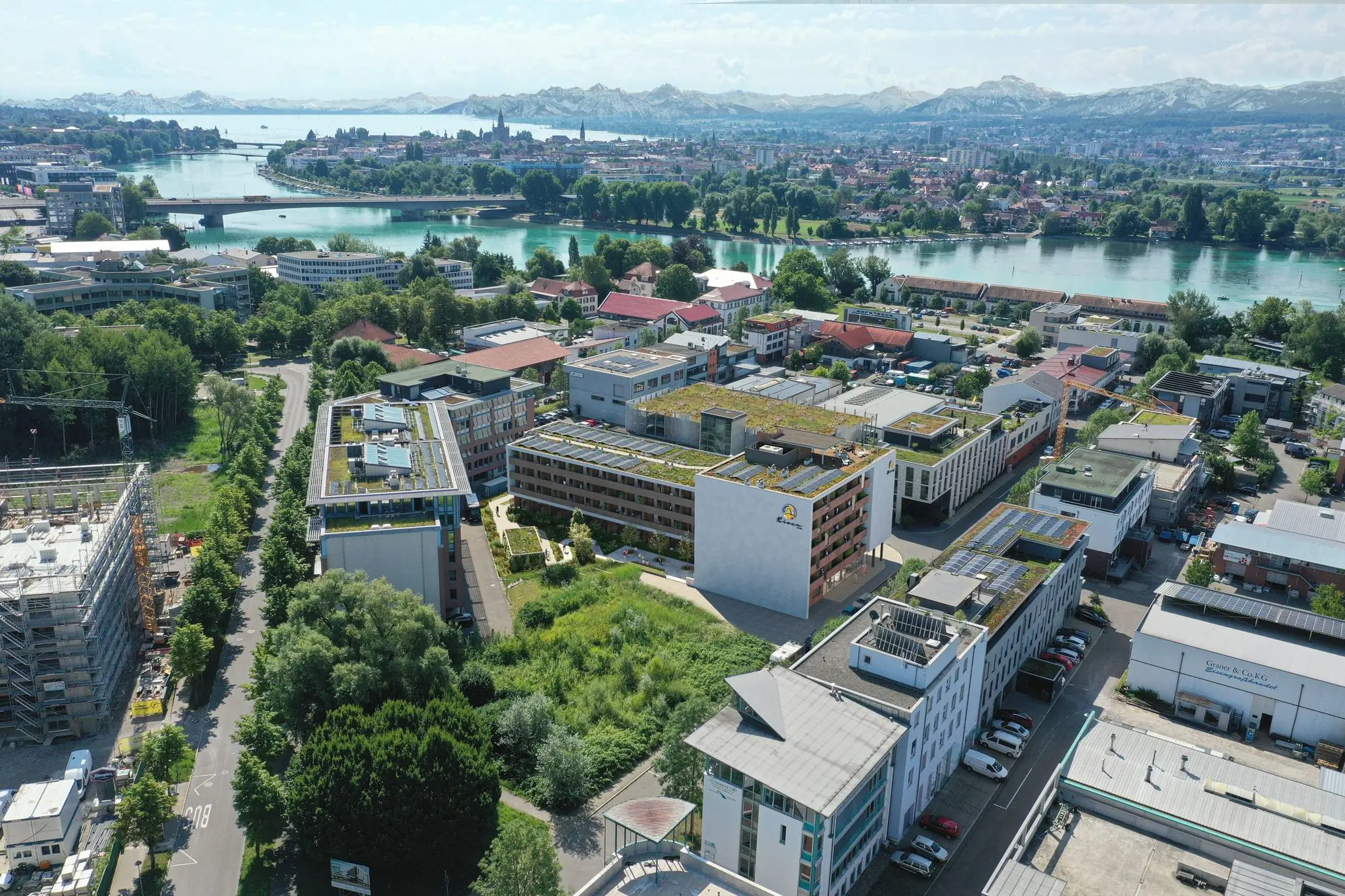 Rioca Seepark Konstanz with aerial view over Lake Constance and the Alps